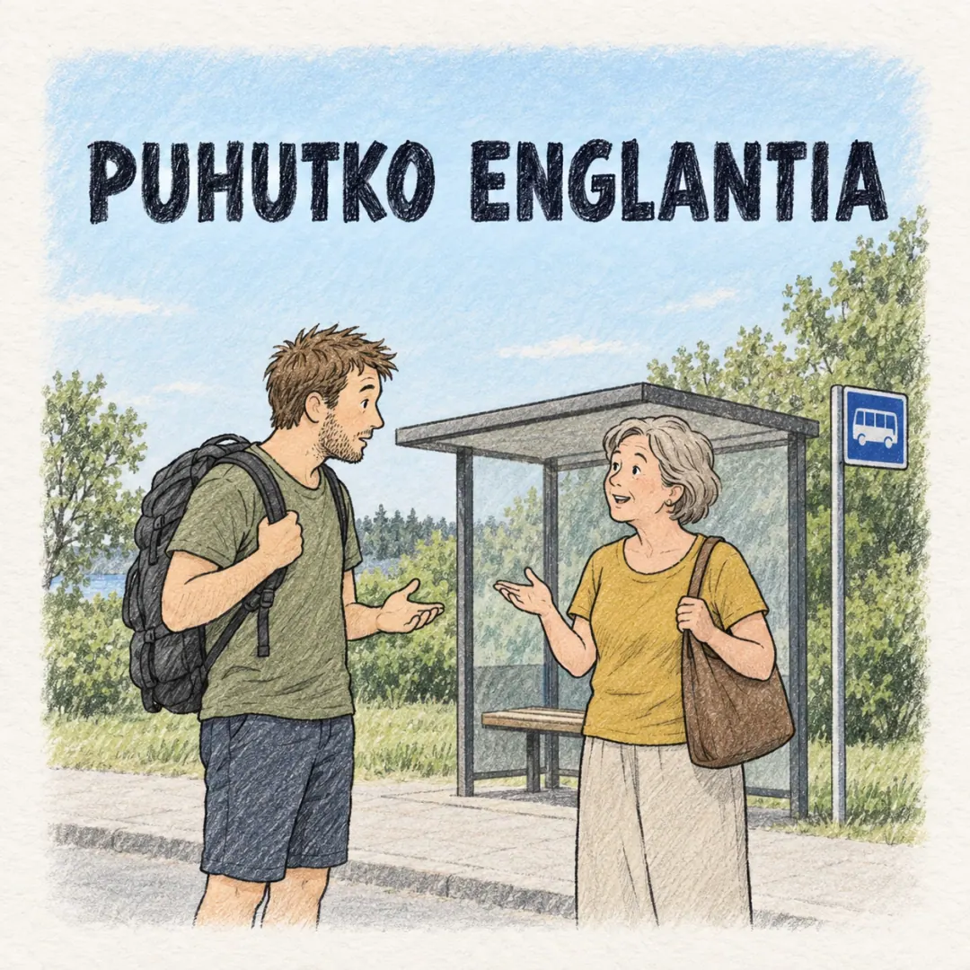 puhutko englantia - a tourist with a rucksack asking a woman at a Finnish bus stop a question, and she is already answering in fluent English