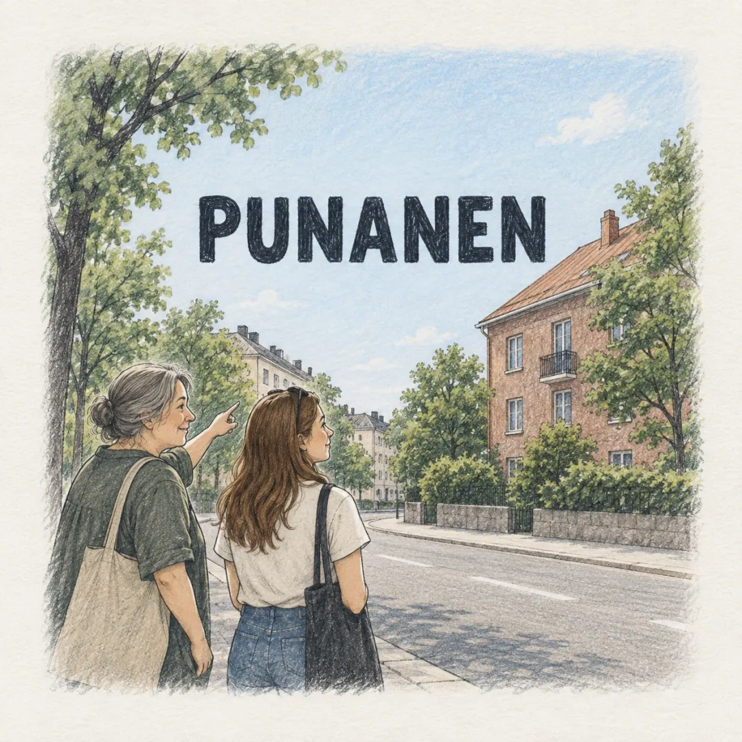 punanen - a woman pointing out a red brick building to a friend from across a sunlit Finnish street