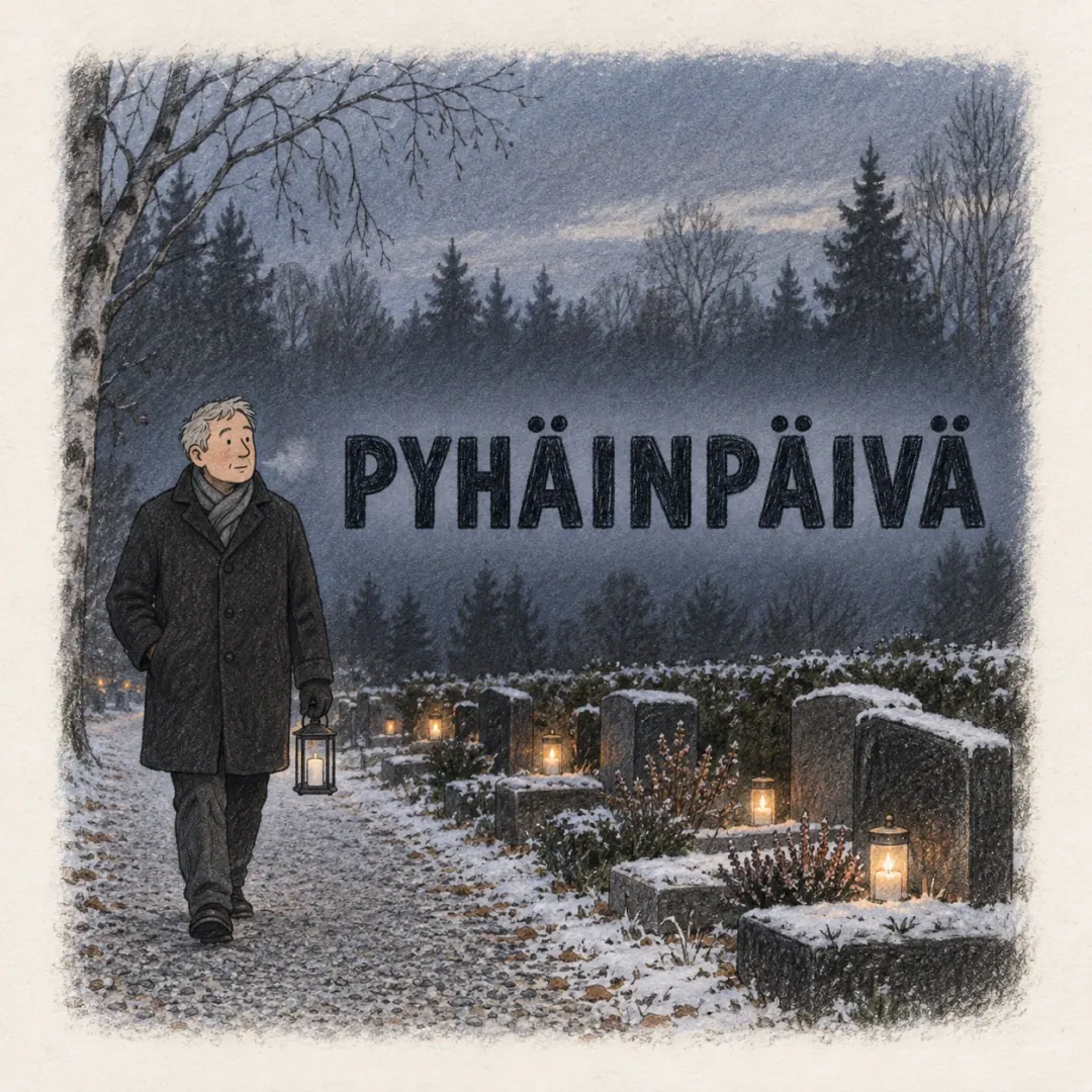 pyhäinpäivä - a man walking alone down a gravel cemetery path with an unlit lantern in one gloved hand, candles already burning on the graves beside him
