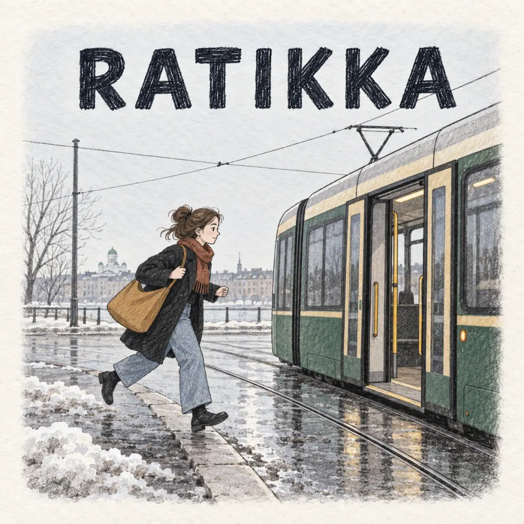 ratikka - a woman running the last steps to a Helsinki tram with its doors still open, wet rails and melting snow at the kerb