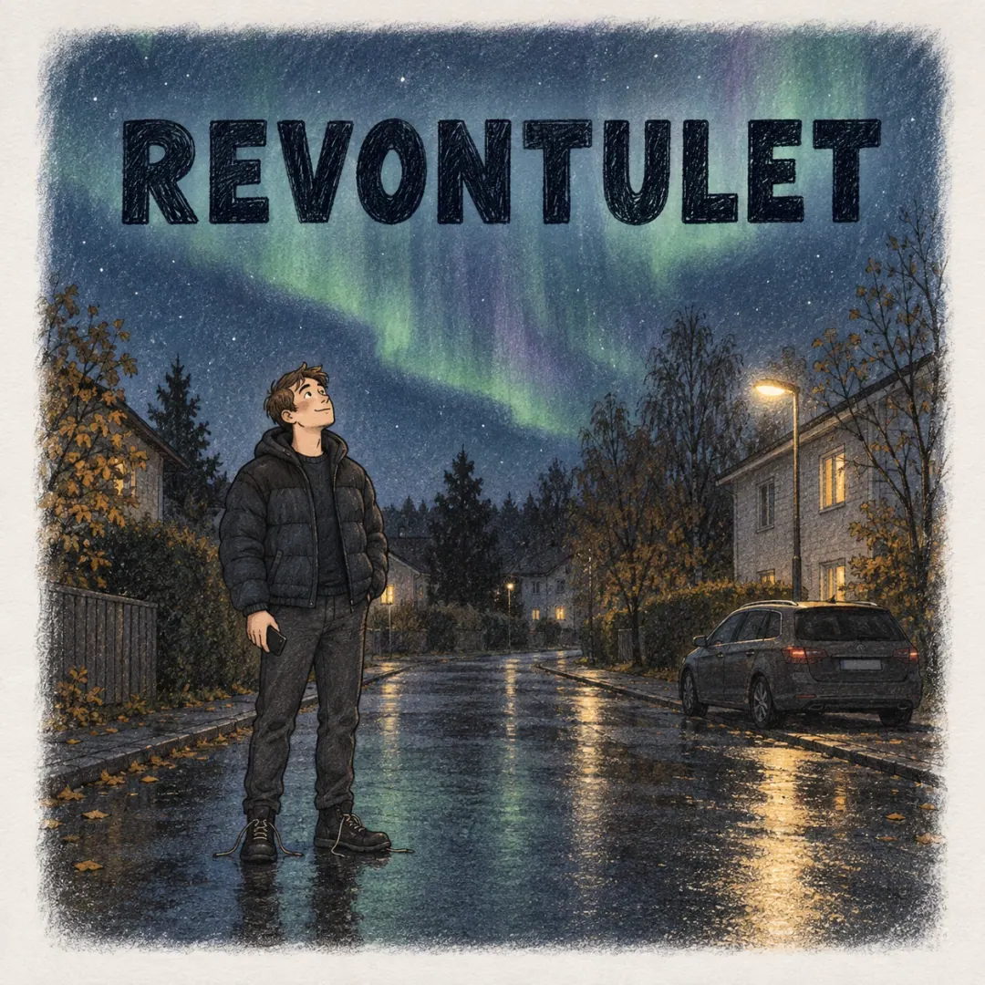 revontulet - a young man alone in the middle of a wet residential street in a puffer jacket and untied boots, phone lowered, looking up at the aurora over the rooftops
