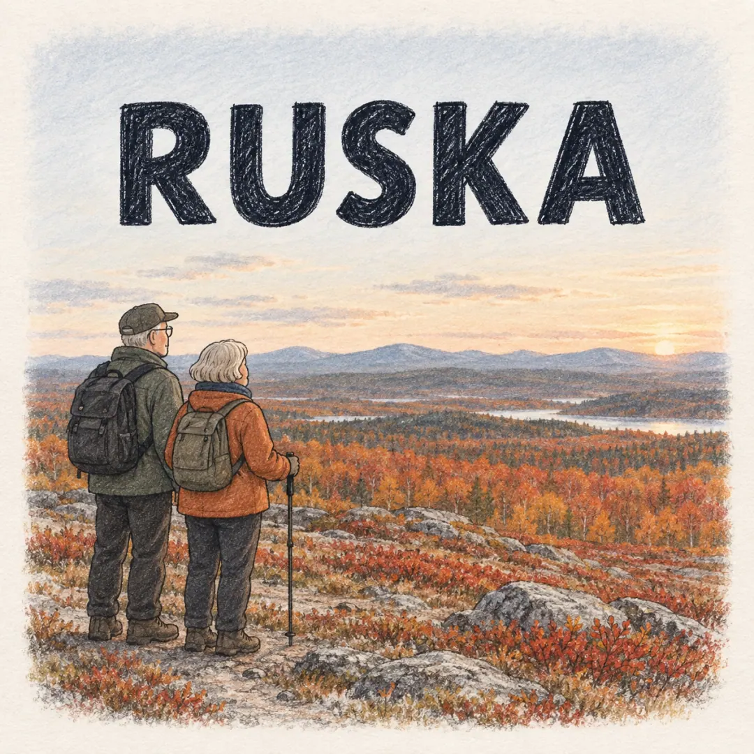 ruska - an older couple on a fell path in Lapland looking out over low forest turned red and orange, distant hills beyond