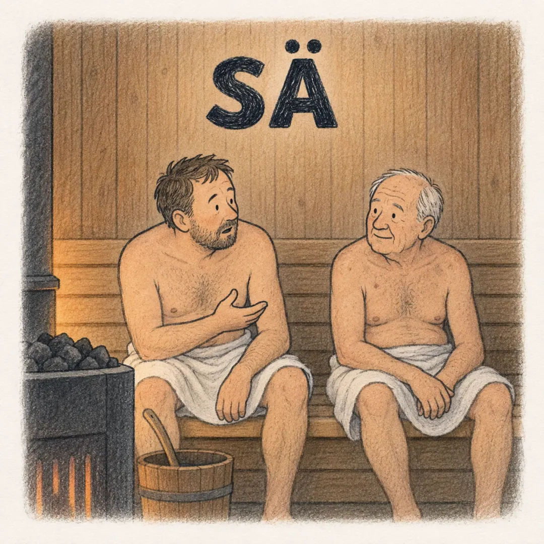 sä - two men in towels on an apartment sauna bench, the younger one turning to ask the older one something