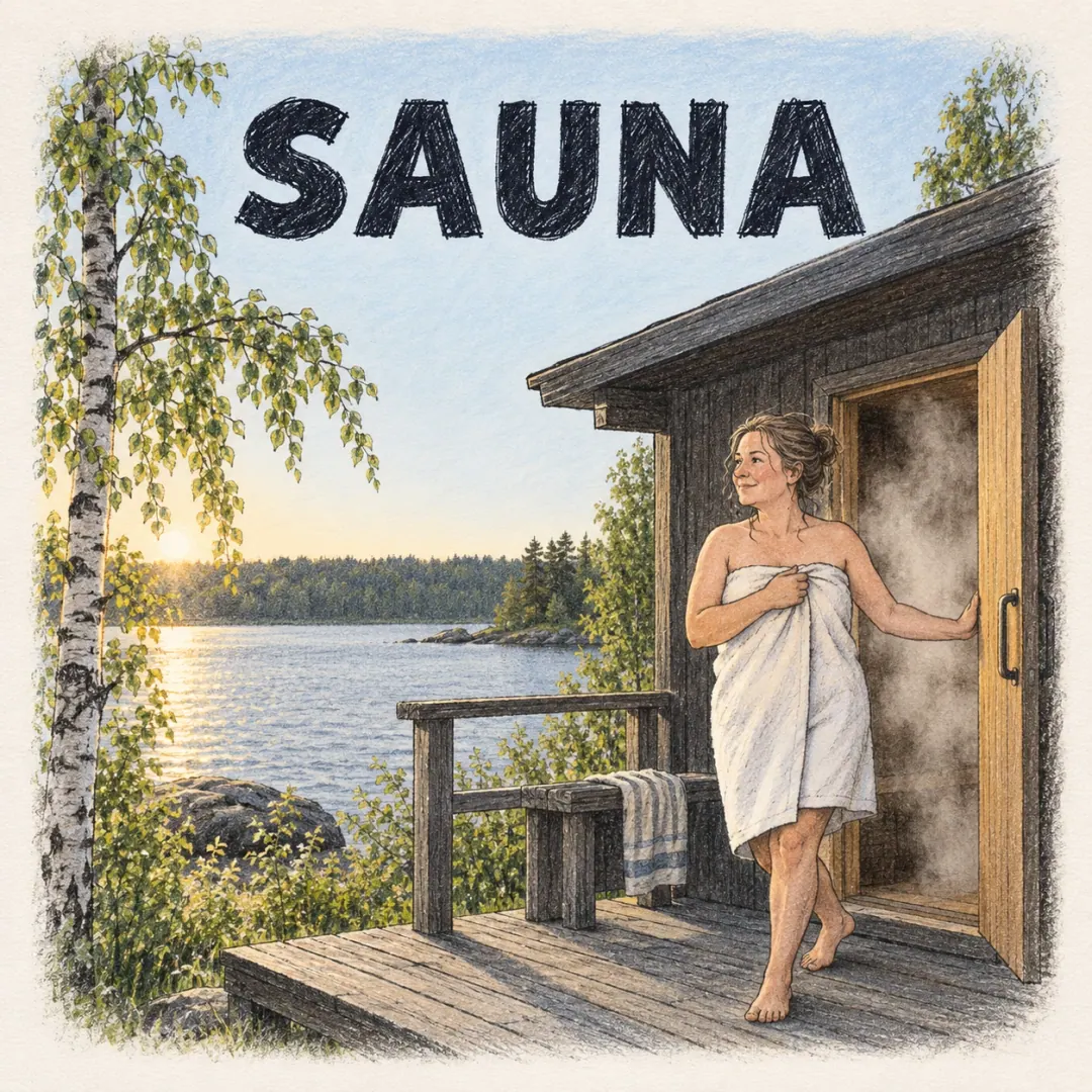 sauna - a woman in a towel stepping out of a lakeside cottage sauna into the summer evening with steam following her