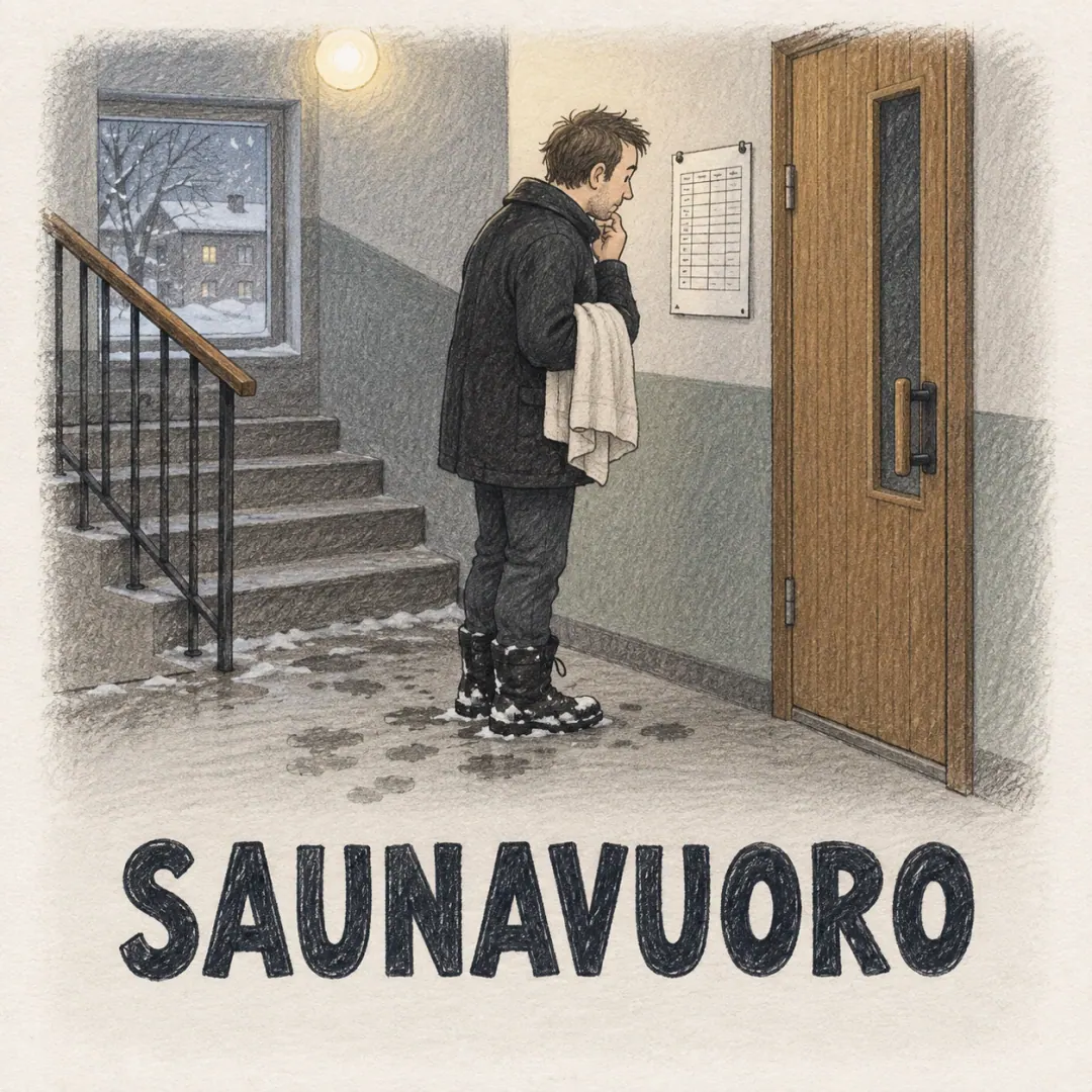 saunavuoro - a man in a stairwell reading the paper booking sheet by the sauna door with a towel under one arm, snow tracked in