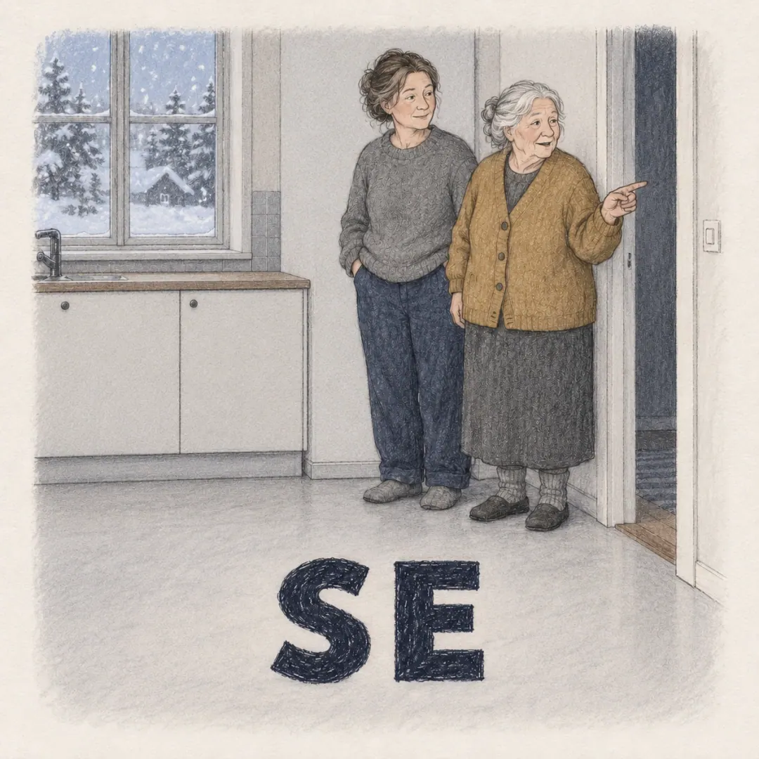 se - a grandmother and her daughter in a kitchen looking through a doorway at someone out of shot, snow outside the window