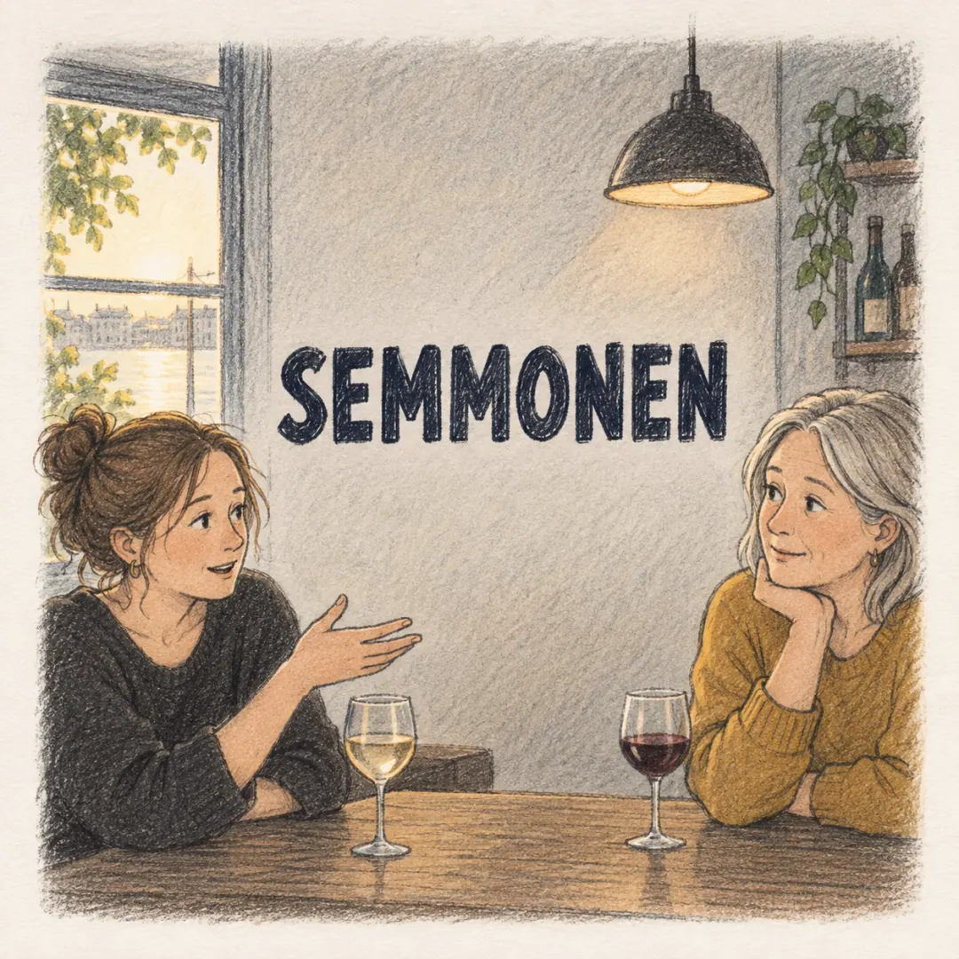 semmonen - a woman describing something to a friend across a bar table with one hand, a bright window behind them