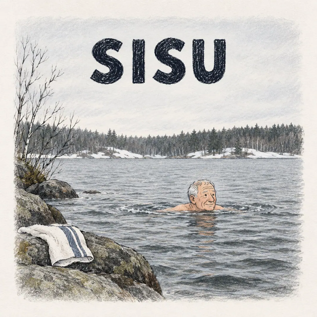 sisu - an older man swimming a slow steady breaststroke in a cold grey Finnish lake, a towel waiting on the rocks