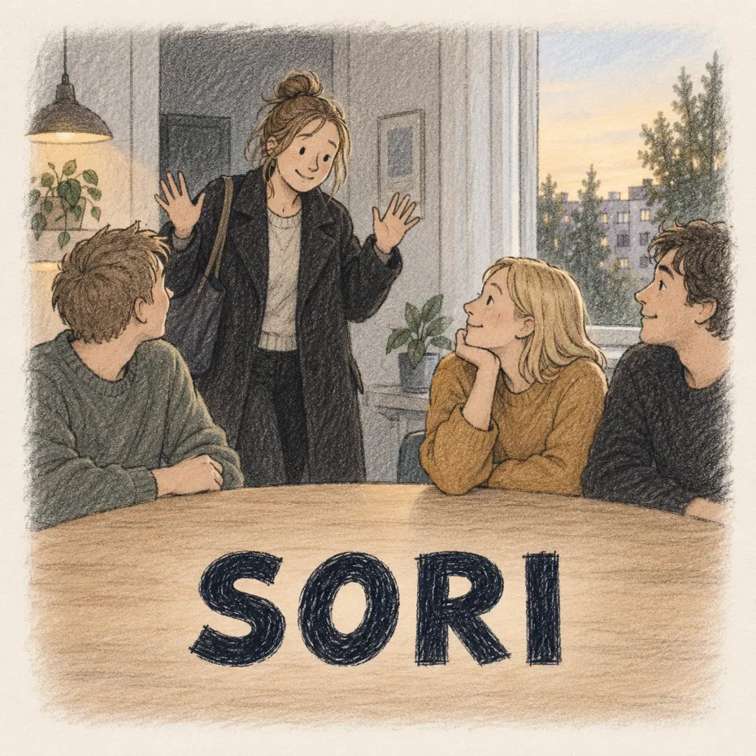 sori - a woman arriving late to a table of friends with her coat still on and both hands up