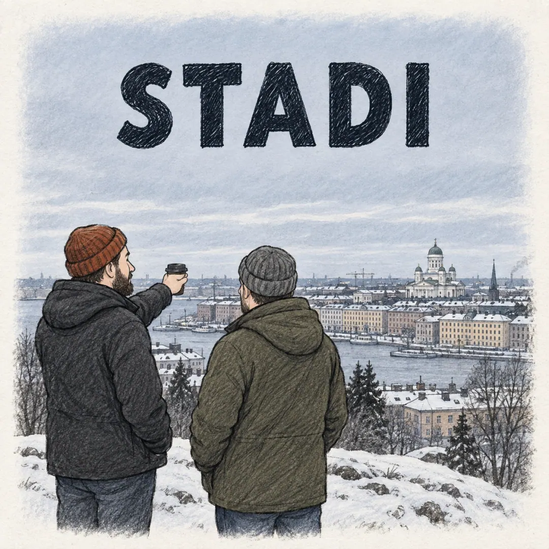 stadi - two men looking out over a snowy Helsinki skyline from a hill, one gesturing at it with a coffee cup