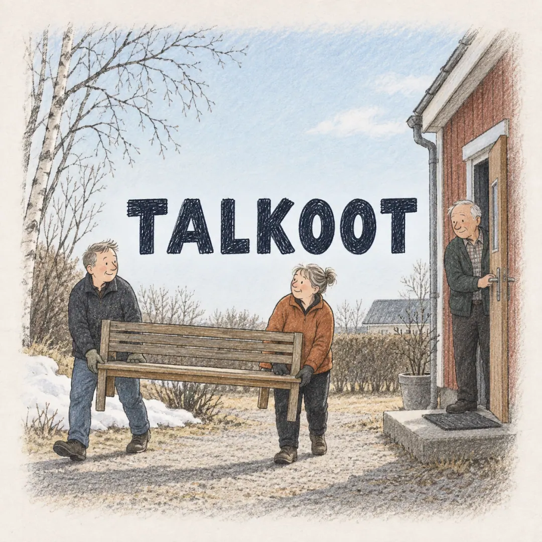talkoot - two neighbours carrying a bench across a courtyard in early spring while an older man holds the door