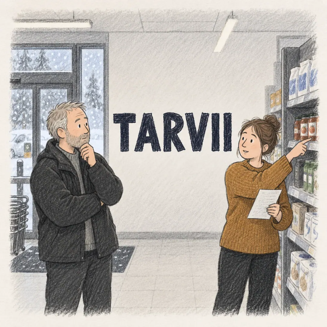 tarvii - a woman with a list pointing out a shelf to a colleague in a Finnish shop, snow through the doors behind them