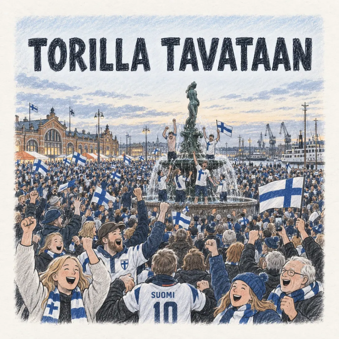 torilla tavataan - the same Kauppatori crowd from further back, national team jerseys and flags packed across the cobbles in front of the old market hall