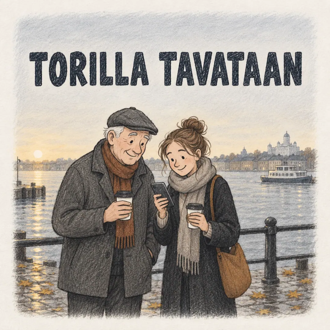 torilla tavataan - two people at the Helsinki waterfront railing with takeaway coffees, looking at a phone, the cathedral and a ferry across the water behind them