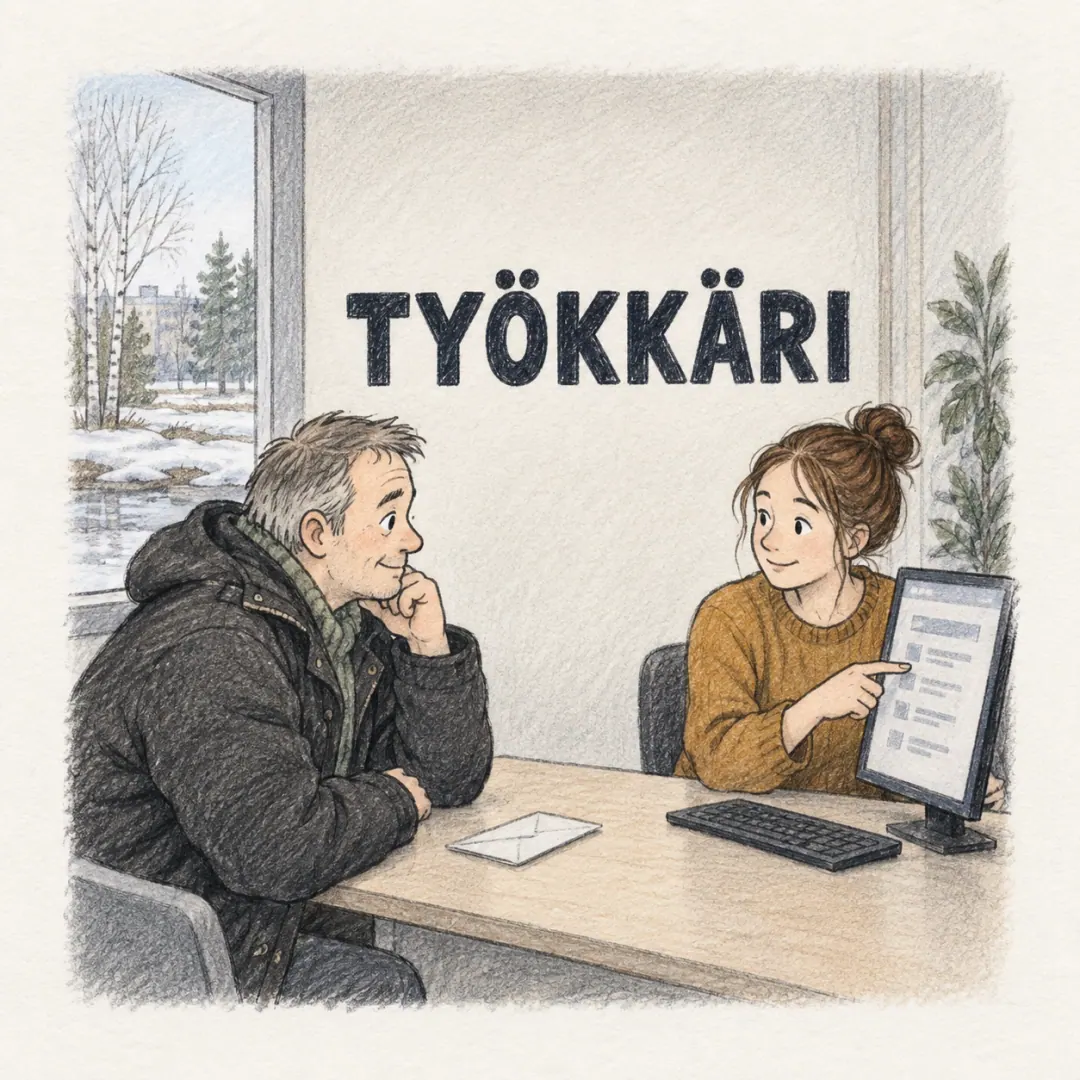 työkkäri - an older man in a work jacket at a desk while a young adviser turns her monitor round to show him something, snow on the trees outside