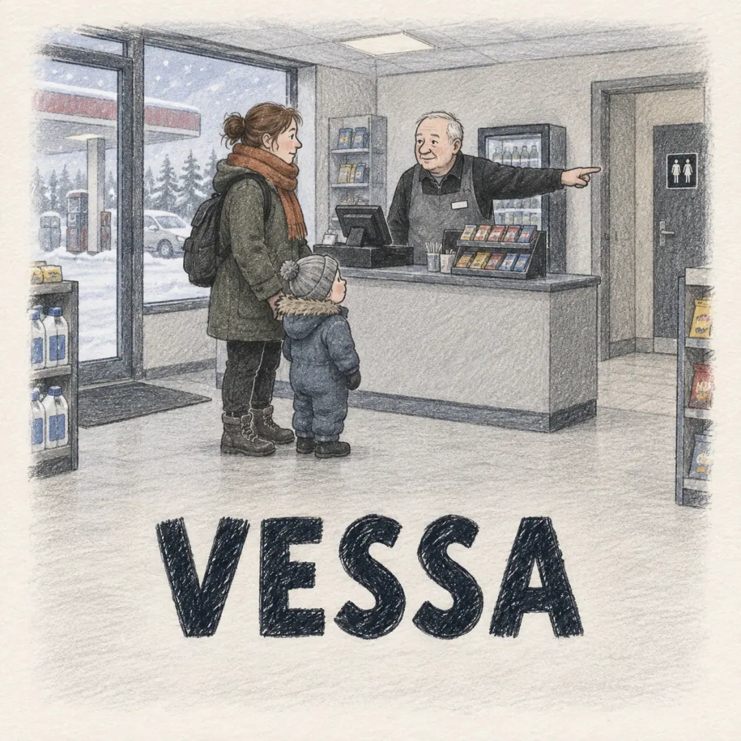 vessa - a woman with a small child asking a Finnish petrol station cashier where to go, the cashier already pointing, snow through the glass