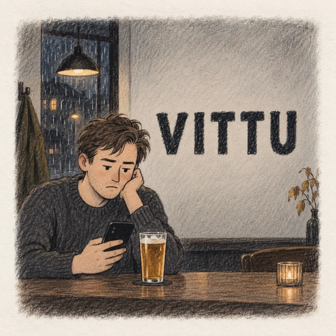 vittu - a young man in a bar staring at his phone with a beer in front of him, having just read something, rain on the dark window