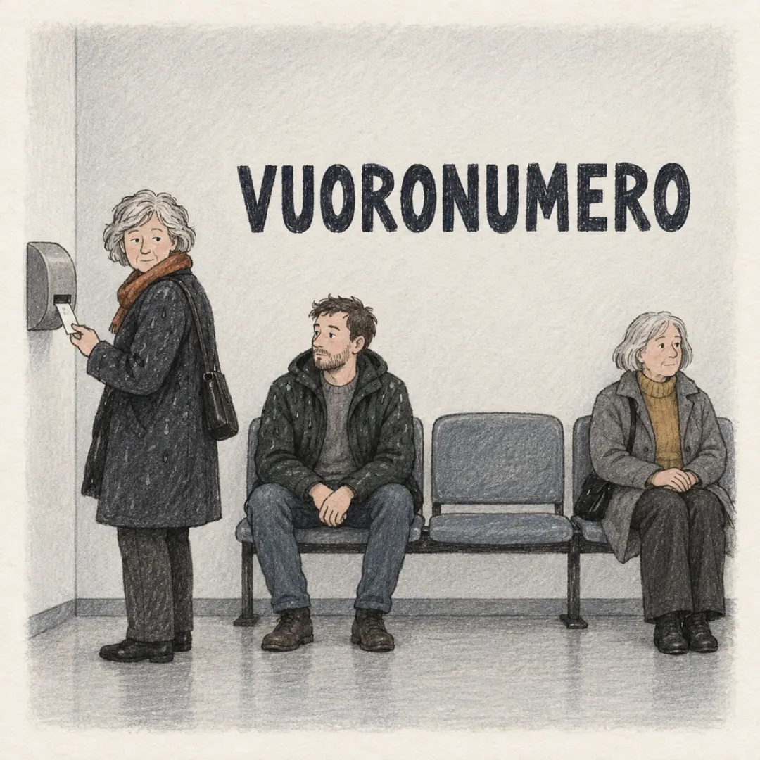 vuoronumero - a woman tearing a queue ticket from the dispenser in a Finnish health centre while two people wait in chairs, sitting far apart