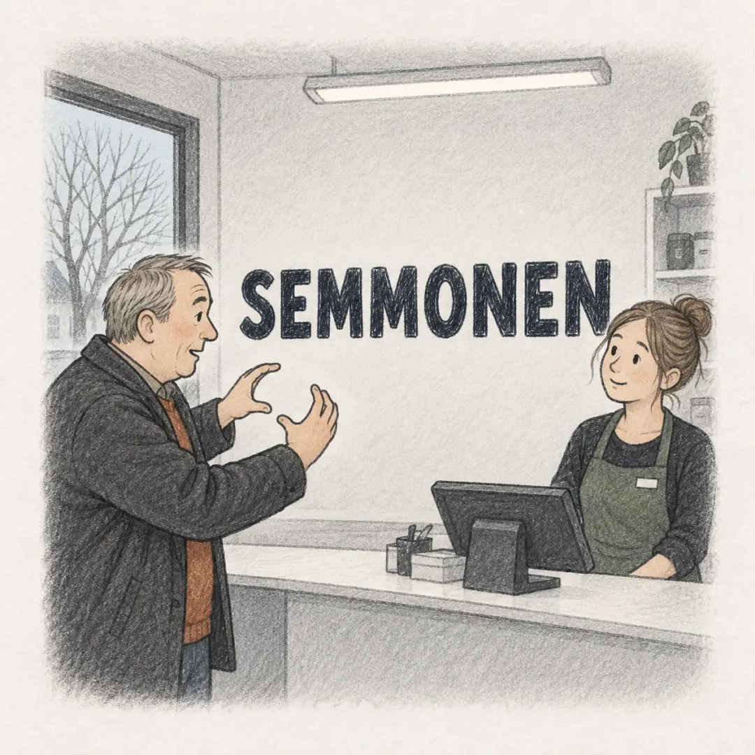 semmonen - a man describing a shape with both hands to a shop assistant who is nodding along, bare trees through the window