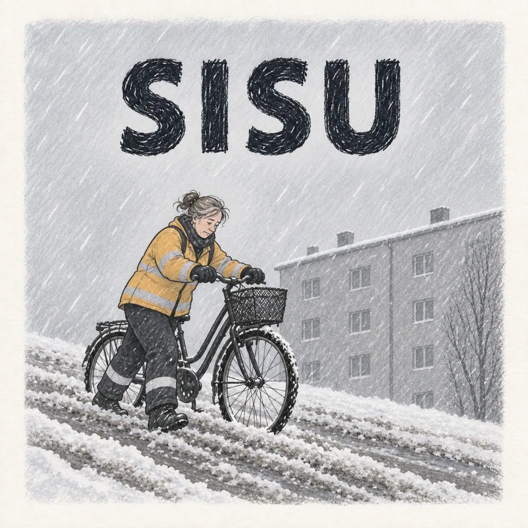 sisu - a woman in a reflective work jacket pushing a bicycle up a slushy hill into driving sleet, a plain Finnish apartment block behind her