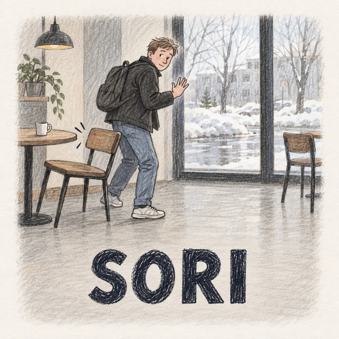 sori - a young man catching a café chair on his way past and half-turning with one hand raised, melting spring snow outside the window
