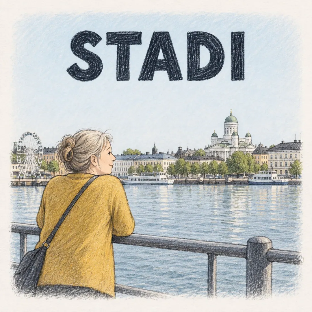 stadi - a woman leaning on a Helsinki harbour railing looking back at the city front, the cathedral and the SkyWheel across the water
