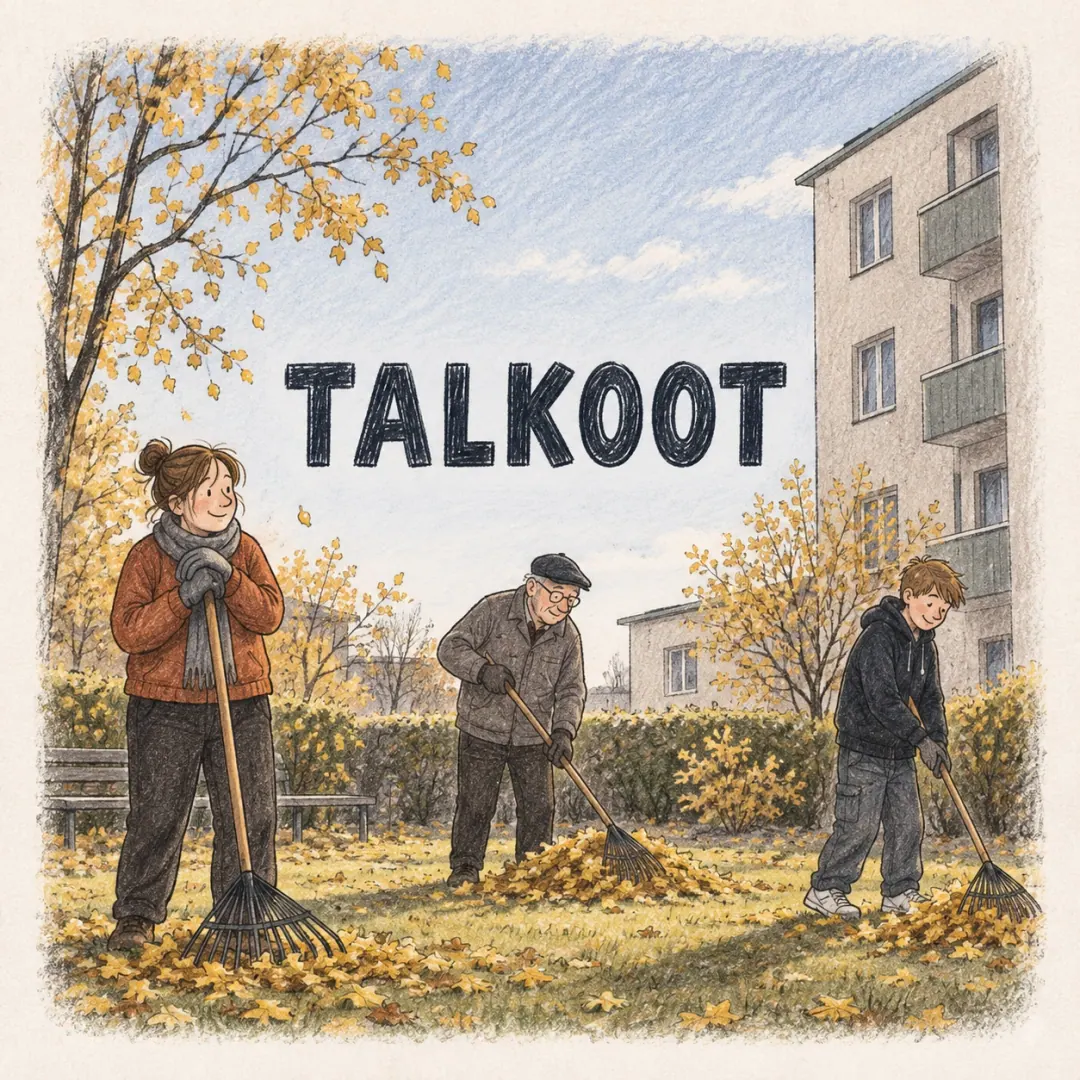 talkoot - neighbours of three different ages raking leaves together in a Finnish housing-company courtyard on an autumn afternoon