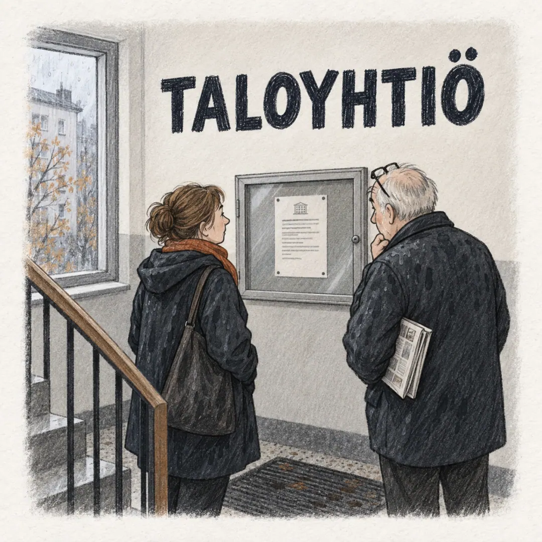 taloyhtiö - a woman and an older man side by side in a stairwell reading one printed notice behind the glass of the noticeboard, his reading glasses pushed up on his forehead