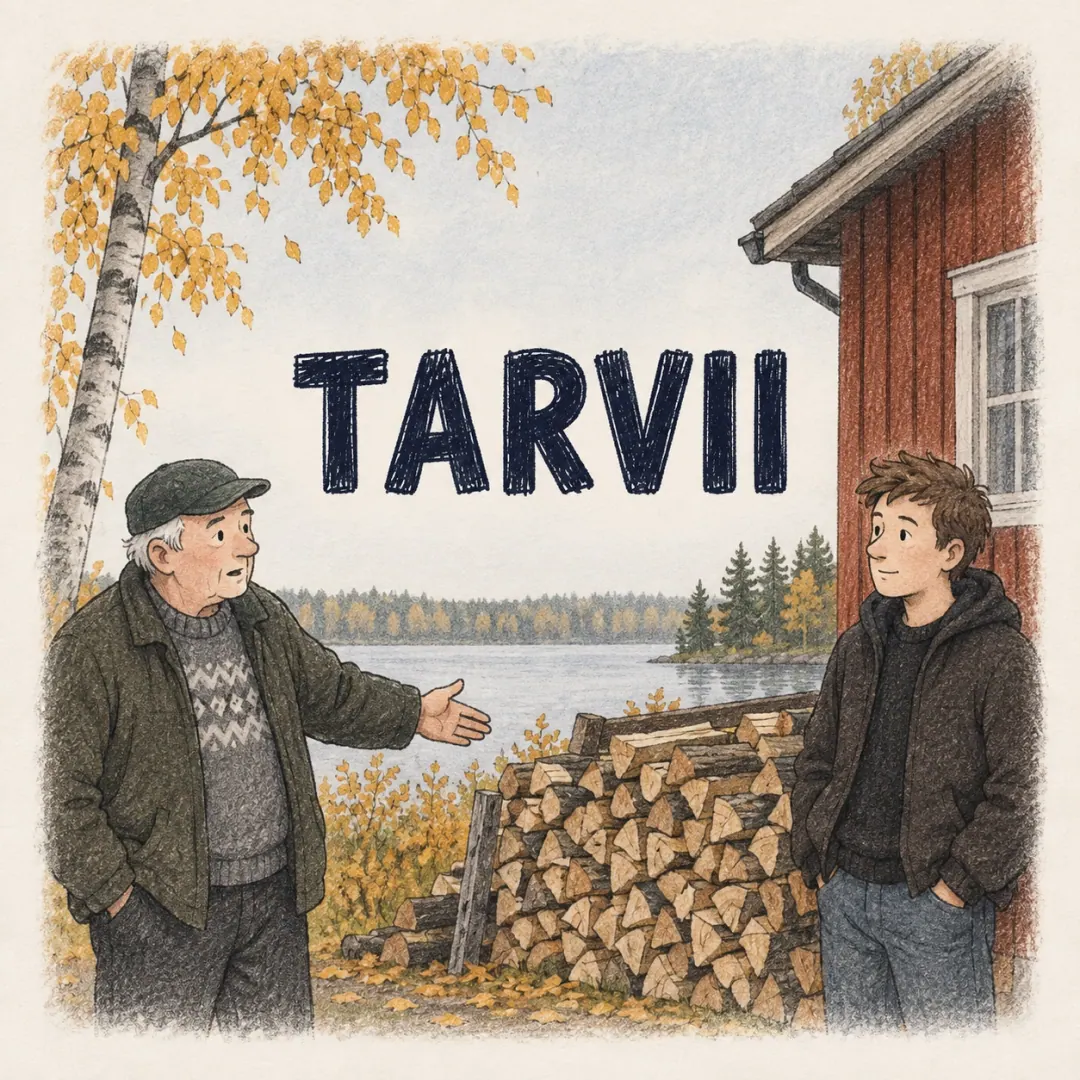 tarvii - an older man at a Finnish summer cottage telling his grandson what still needs doing, gesturing at a stacked woodpile in autumn light