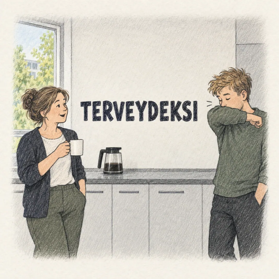 terveydeksi - a woman with a coffee cup in an office kitchen saying it to a colleague who has just sneezed into his elbow