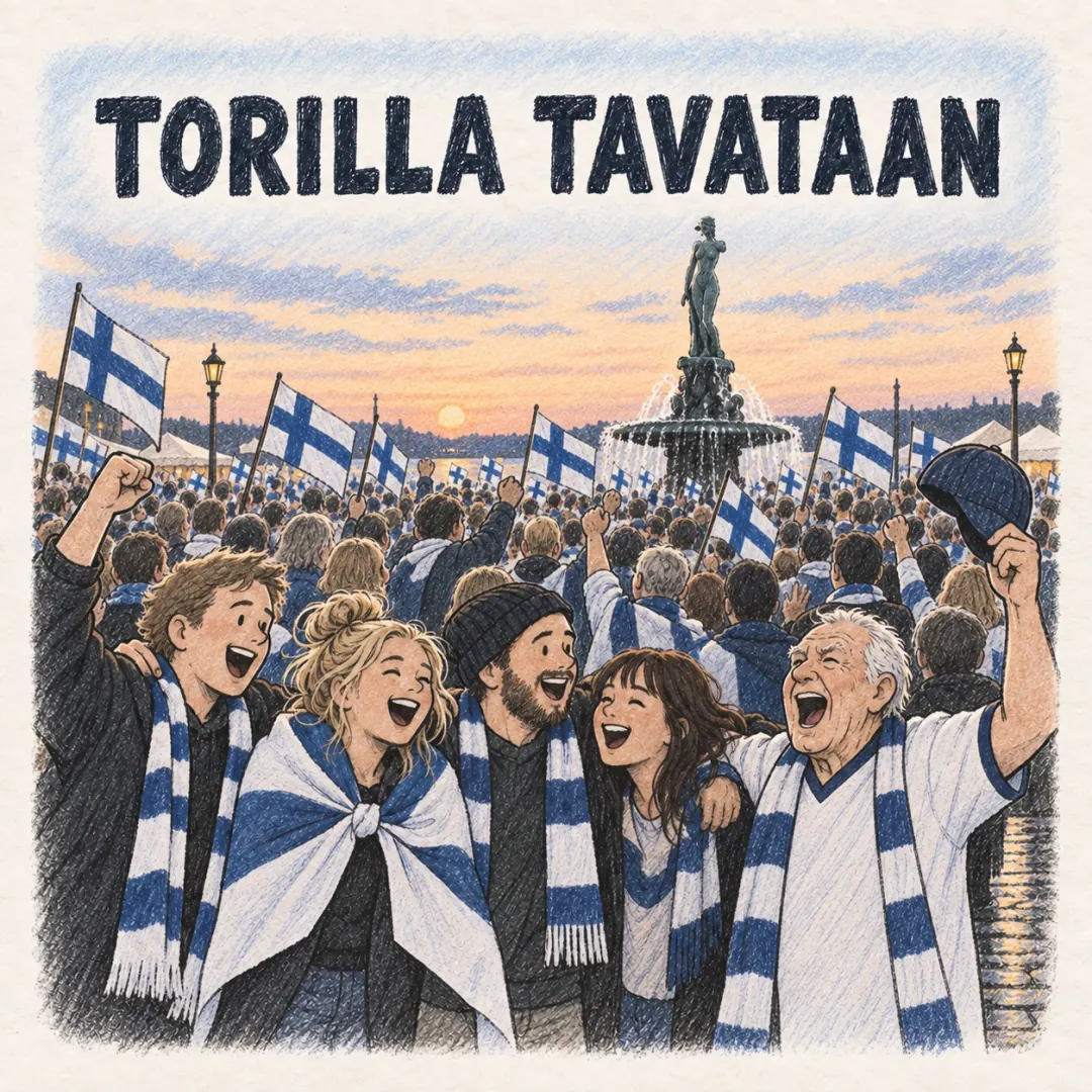 torilla tavataan - a cheering crowd in blue and white filling Helsinki's Kauppatori market square after a Finland win, flags up around the Havis Amanda fountain