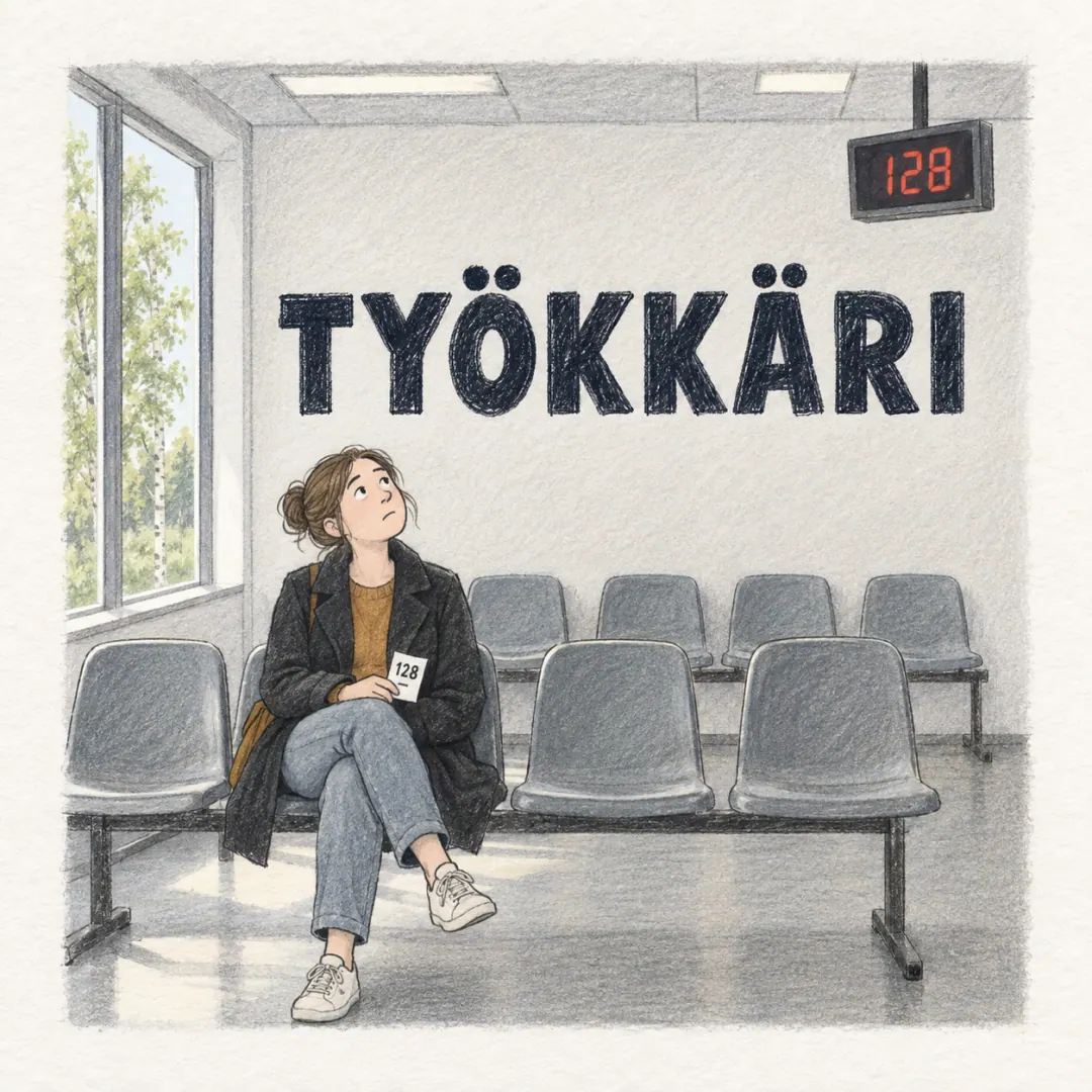työkkäri - a woman alone on a row of grey plastic chairs in a public waiting room, coat still on, paper queue ticket in hand, the red number display showing somebody else's turn