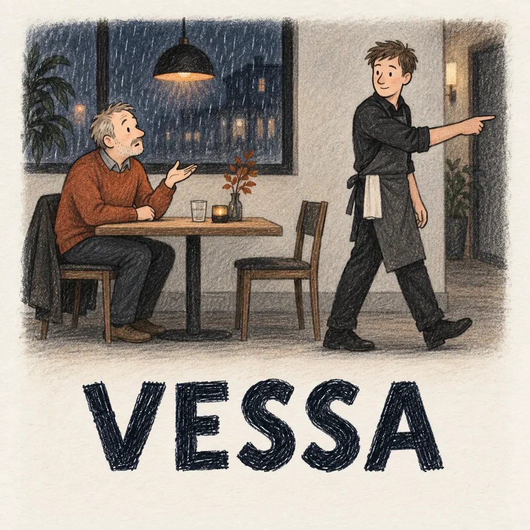 vessa - a man in a Finnish restaurant asking a passing waiter a short question, and the waiter pointing off to one side without stopping