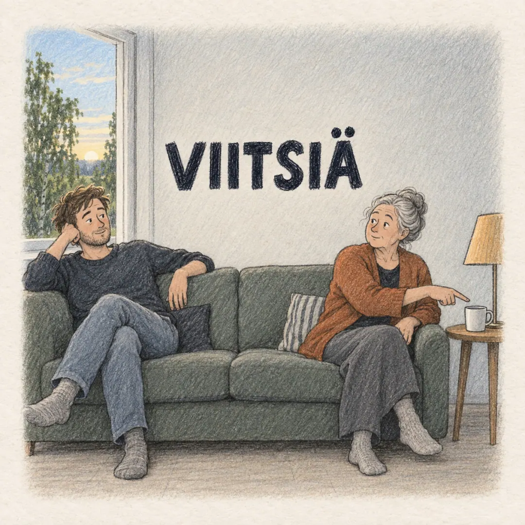 viitsiä - a man stretched out at one end of a sofa and an older woman at the other, her hand out towards an empty coffee cup he has clearly decided is not his problem