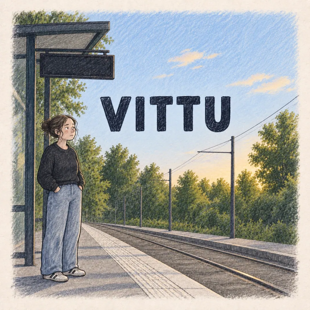 vittu - a woman on a Finnish tram platform staring at the departures screen having just missed one, hands in her pockets