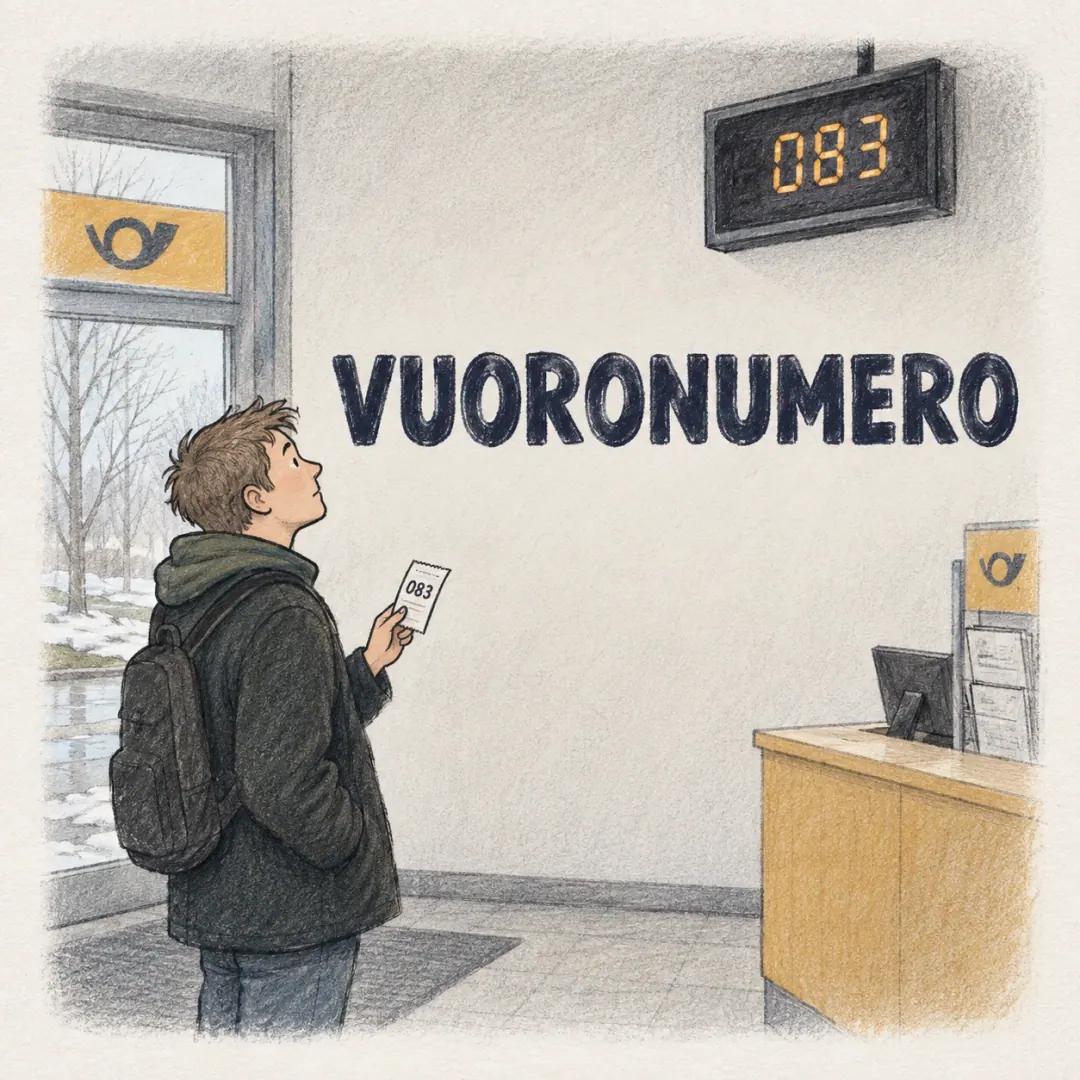 vuoronumero - a young man holding a paper queue ticket under a lit number display in a Finnish post office, checking one against the other